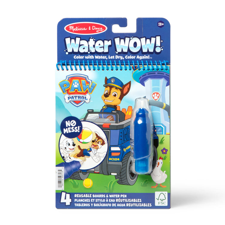 The front of the box for The Melissa & Doug Water WOW! PAW Patrol Chase Reusable Coloring Book with Refillable Water Pen - For Ages 3+
