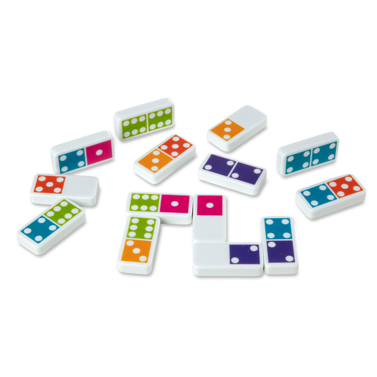 The loose pieces of The Melissa & Doug Dominoes Tabletop Game with 28 Colorful Tiles in Wooden Storage Box