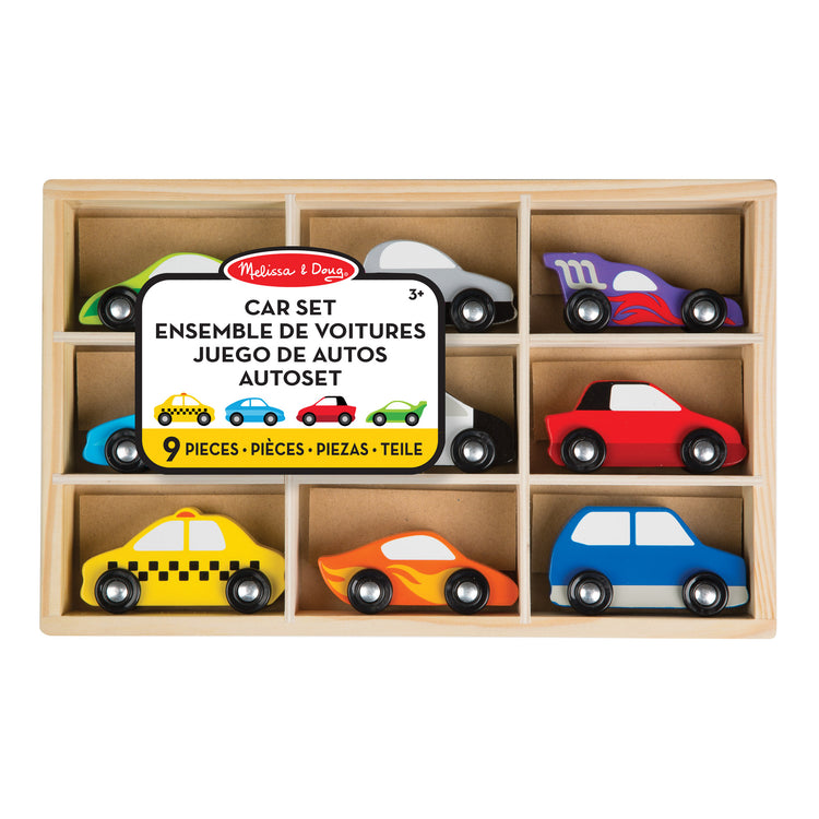 The front of the box for The Melissa & Doug Wooden Cars Vehicle Set in Wooden Tray