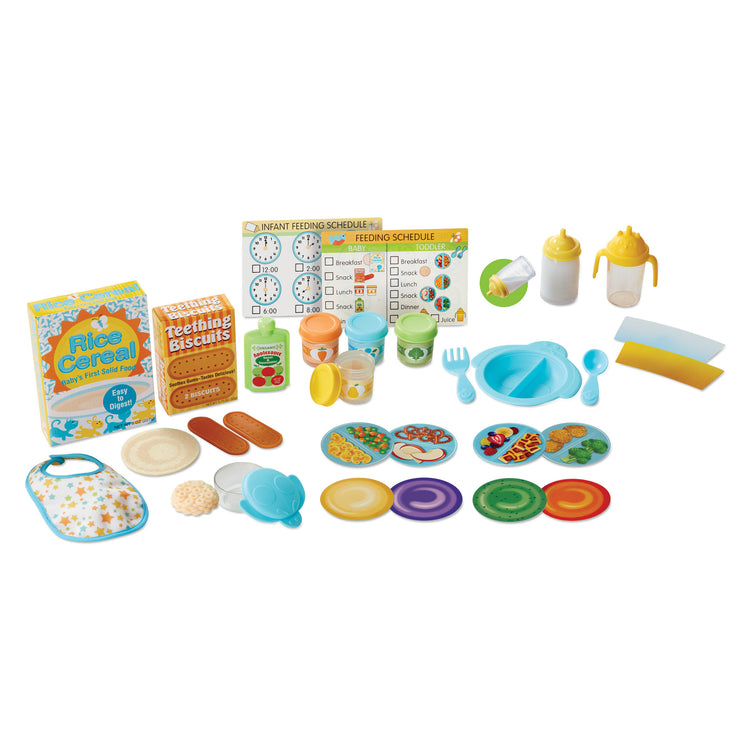 The loose pieces of The Melissa & Doug Mine to Love Mealtime Play Set for Dolls with Bottle, Pretend Baby Food Jars, Snack Pouch, More (24 pcs)
