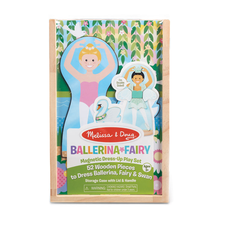 The front of the box for The Melissa & Doug Ballerina And Fairy Magnetic Dress-Up Double-Sided Wooden Doll And Swan Pretend Play Set (52 pcs)