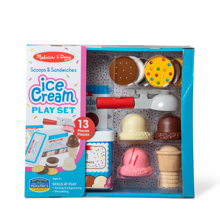 The front of the box for The Melissa & Doug Scoops and Sandwiches 13-Piece Ice Cream Play Food Set