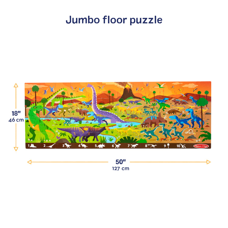 A kid playing with The Melissa & Doug Land of Dinosaurs, Dino-Themed Search and Find Jumbo Floor Puzzle, 48-Piece Jigsaw Puzzle with Learning Activity, Over 4 Ft Long, Kids Puzzles for Girls & Boys Ages 6+