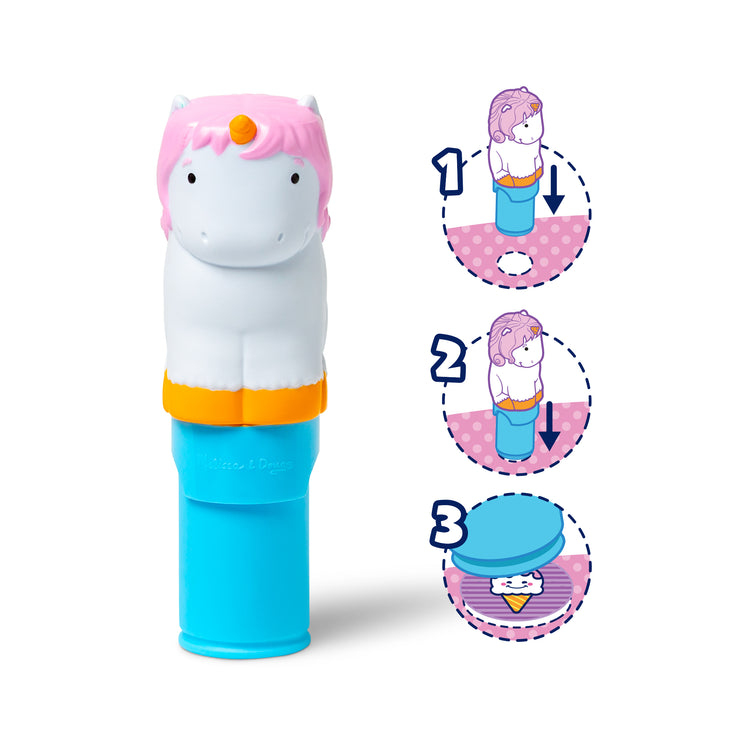 A kid playing with The Melissa & Doug Sticker WOW!™ 24-Page Activity Pad and Sticker Stamper, 300 Stickers, Arts and Crafts Fidget Toy Collectible Character – Unicorn