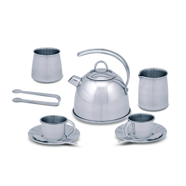 The loose pieces of The Melissa & Doug Stainless Steel Pretend Play Tea Set with Storage Rack for Kids (11 pcs)