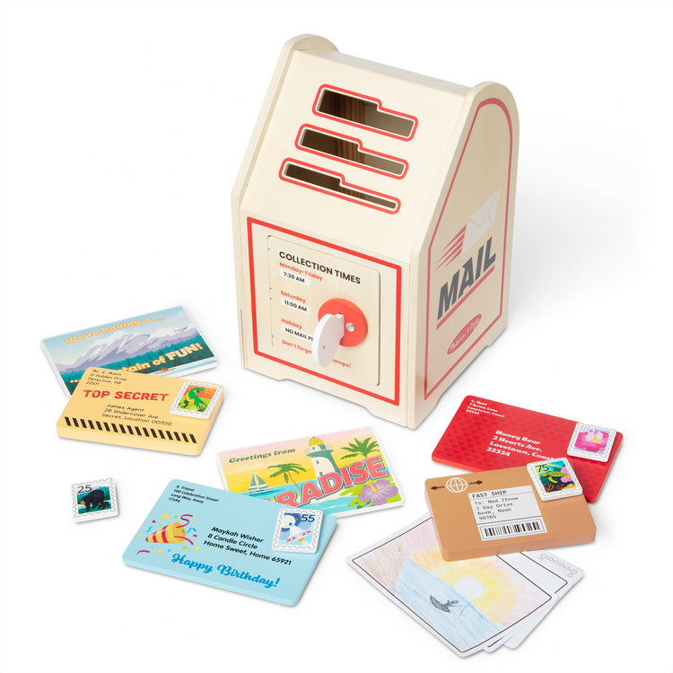 The loose pieces of The Stamp and Sort Mailbox Play Set