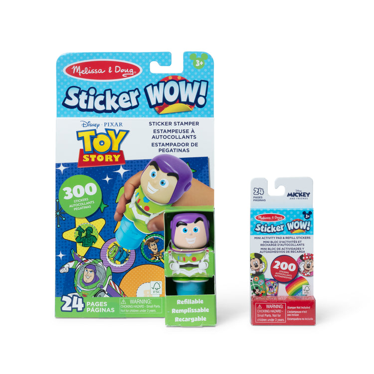 The front of the box for The Melissa & Doug Sticker Wow!™ Disney Buzz Lightyear Bundle: 24-Page Activity Book, Refillable Sticker Stamper, Mini Pad, 500 Stickers, Arts and Crafts for Kids Ages 3+