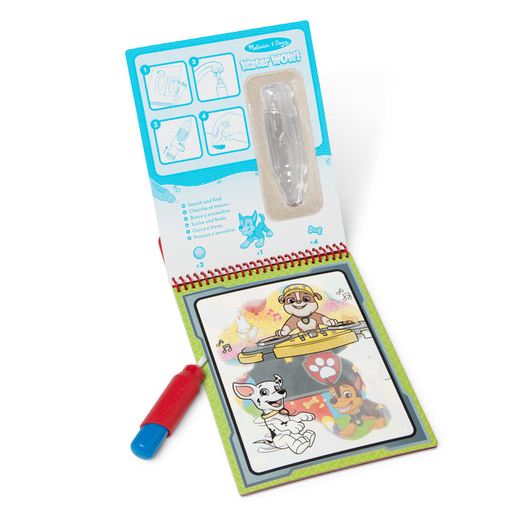 A kid playing with The Melissa & Doug Water WOW! PAW Patrol Marshall Reusable Coloring Book with Refillable Water Pen - For Ages 3+