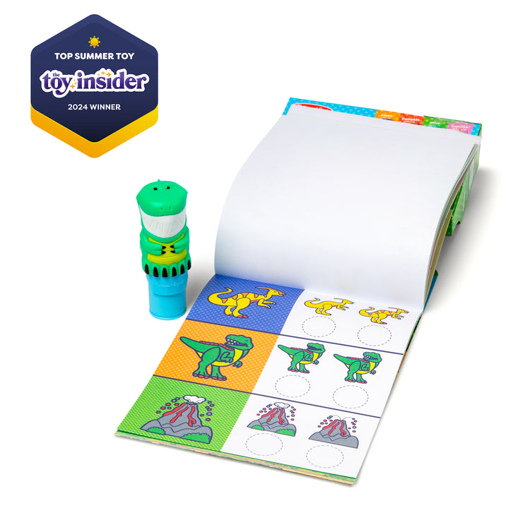 A kid playing with The Melissa & Doug Sticker WOW!™ 24-Page Activity Pad and Sticker Stamper, 300 Stickers, Arts and Crafts Fidget Toy Collectible Character – Dinosaur