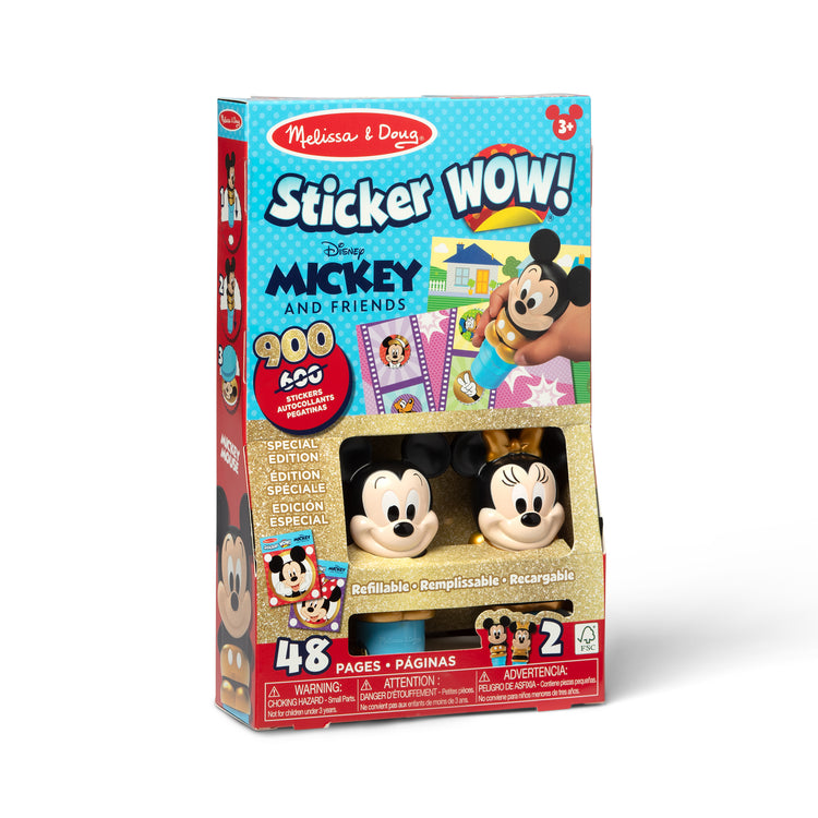 The front of the box for The Melissa & Doug Sticker WOW! Disney Special Edition Pack with Mickey & Minnie Stampers and 900 Stickers - Ages 3+