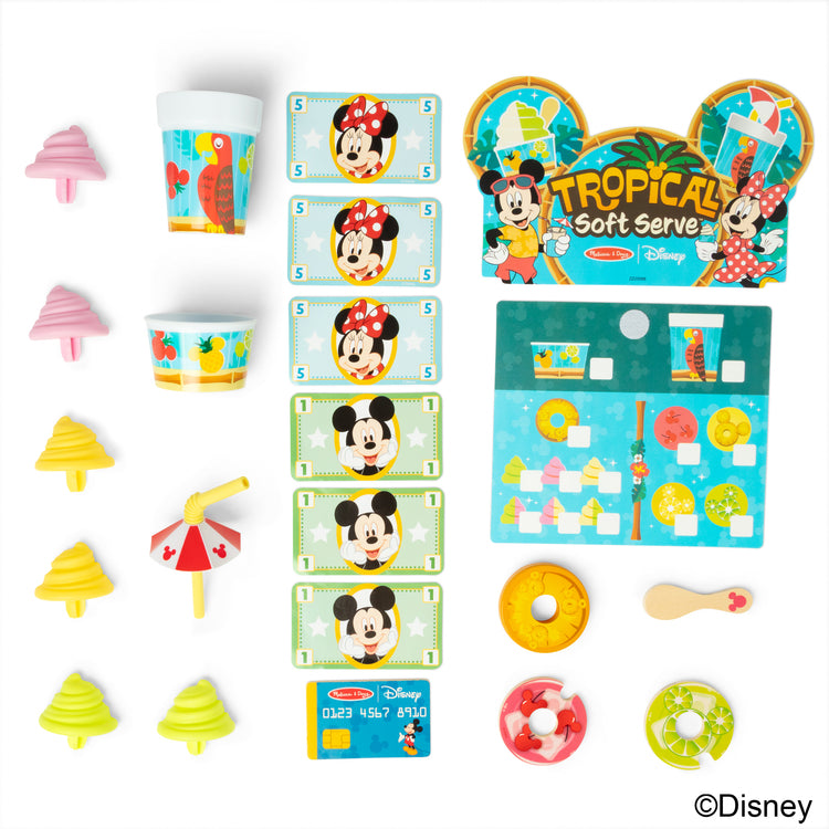 The loose pieces of The Disney Tropical Soft Serve Ice Cream Wooden Play Food Set – 23 Pieces | Mickey Mouse, Minnie, Wooden Toy for Boys and for Girls 3+