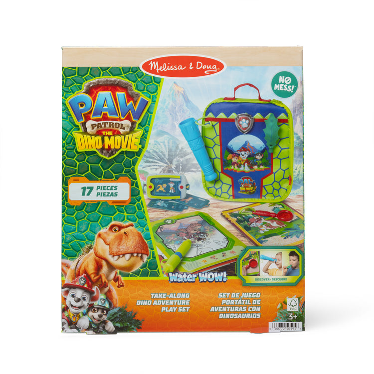 The front of the box for The Melissa & Doug PAW Patrol Dino Adventure Water WOW! and Role Play Set in Take-Along Case - For Ages 3+
