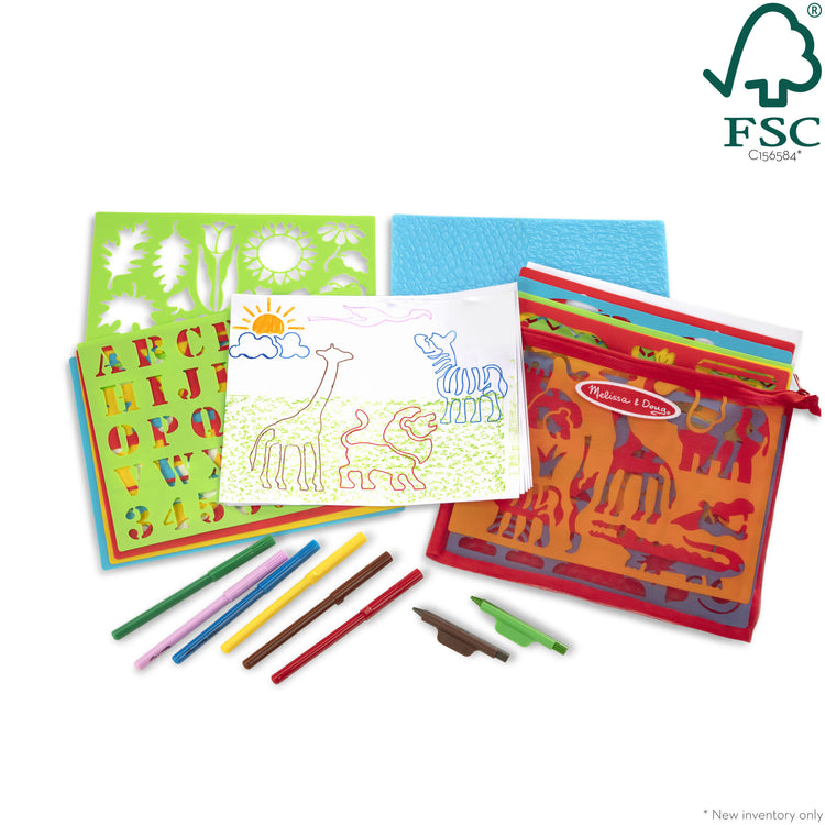 An assembled or decorated The Melissa & Doug Created by Me! Stencil Art Coloring Activity Kit in Storage Pouch -- 170+ Designs, 6 Markers, 2 Crayons, Paper