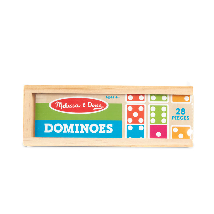 The front of the box for The Melissa & Doug Dominoes Tabletop Game with 28 Colorful Tiles in Wooden Storage Box
