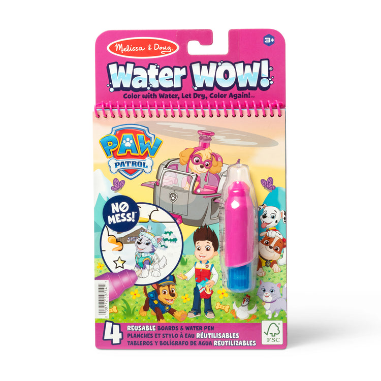 The front of the box for The Melissa & Doug Water WOW! PAW Patrol Skye Reusable Coloring Book with Refillable Water Pen - For Ages 3+