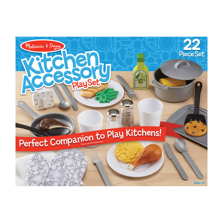 The front of the box for The Melissa & Doug 22-Piece Play Kitchen Accessories Set - Utensils, Pot, Pans, and More
