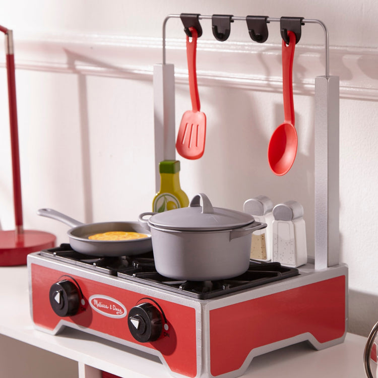 the Melissa & Doug 19-Piece Deluxe Wooden Cooktop Set With Wooden Play Food, Durable Pot and Pan