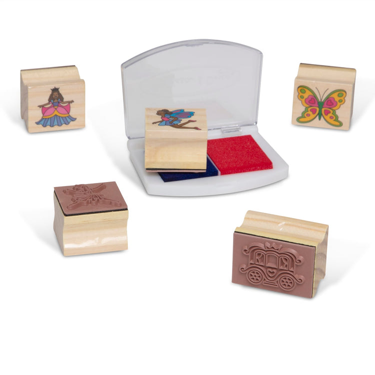 The front of the box for the Melissa & Doug Deluxe Wooden Stamp and Coloring Set – Fairy Tale (30 Stamps, 6 Markers, 2 Durable 2-Color Stamp Pads)
