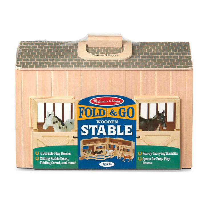 the Melissa & Doug Fold and Go Wooden Horse Stable Dollhouse With Handle and Toy Horses (11 pcs)