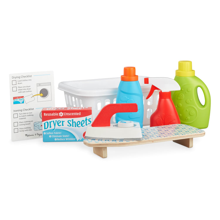 The loose pieces of the Melissa & Doug Laundry Basket Play Set With Wooden Iron, Ironing Board, and Accessories (14 Pcs)