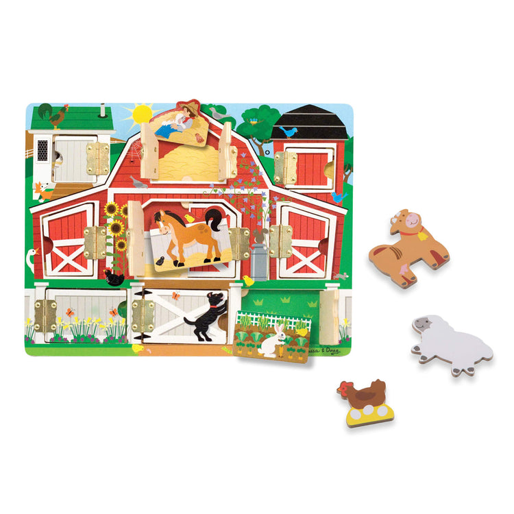 The loose pieces of the Melissa & Doug Hide and Seek Farm Wooden Activity Board With Barnyard Animal Magnets