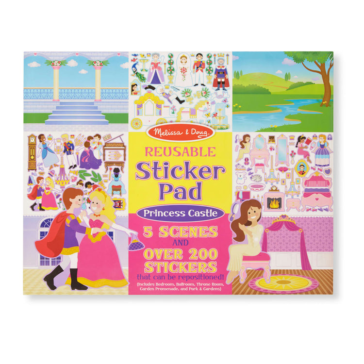 The front of the box for the Melissa & Doug Reusable Sticker Pads Set: Fairies, Princess Castle, Play House, Dress-Up - 680+ Stickers