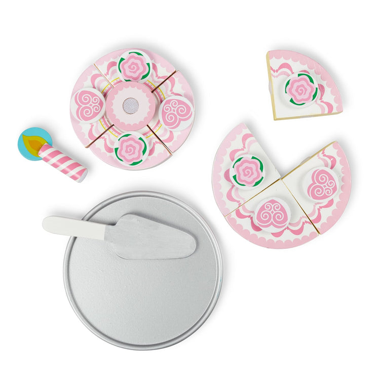 The loose pieces of the Melissa & Doug Triple-Layer Party Cake Wooden Play Food Set